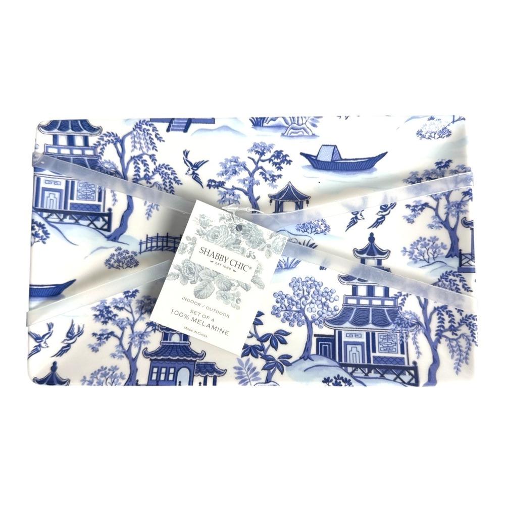 Shabby Chic Melamine Appetizer Plates Set of 4 – Blue & White Chinoiserie Tray - Picture 2 of 7
